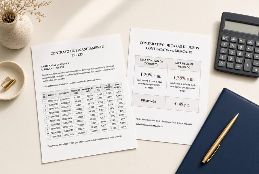 Contrato, fatura de cartão e extrato de conta, comparativo de taxas contratada, de mercado e teto legal, e calculadora